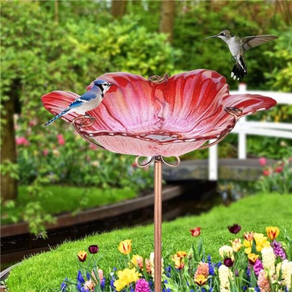 Outdoor Bird Bath Glass Birdbath Garden Birdfeeder with Metal Stake Red - Picture 4 of 7